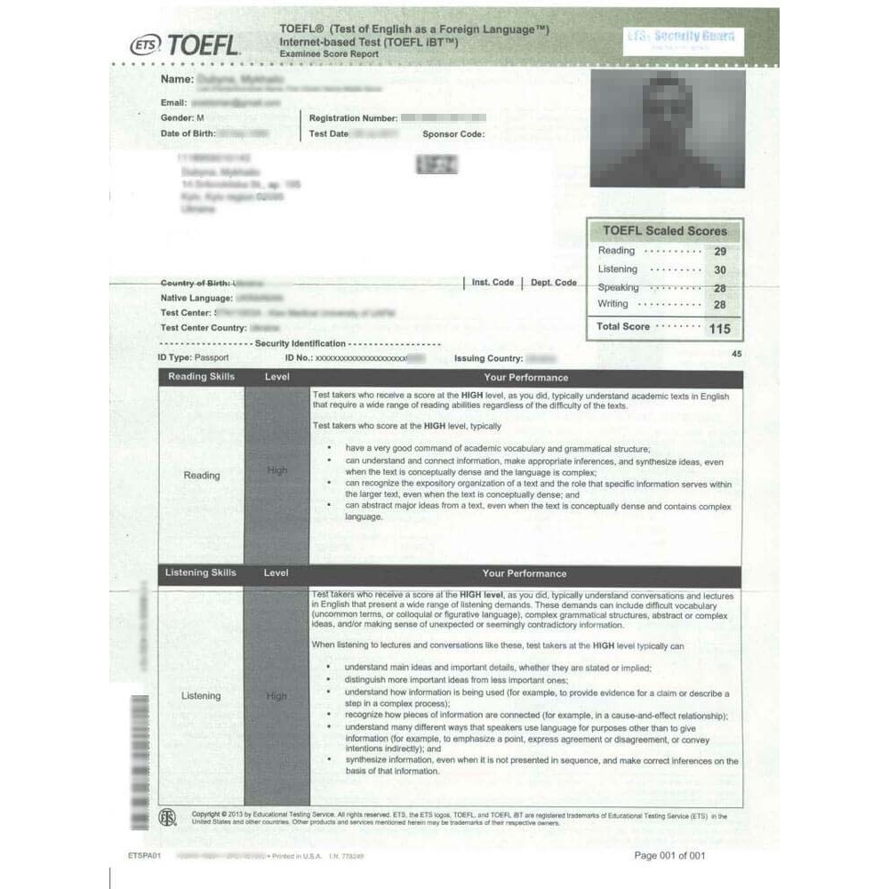 TOEFL certificate